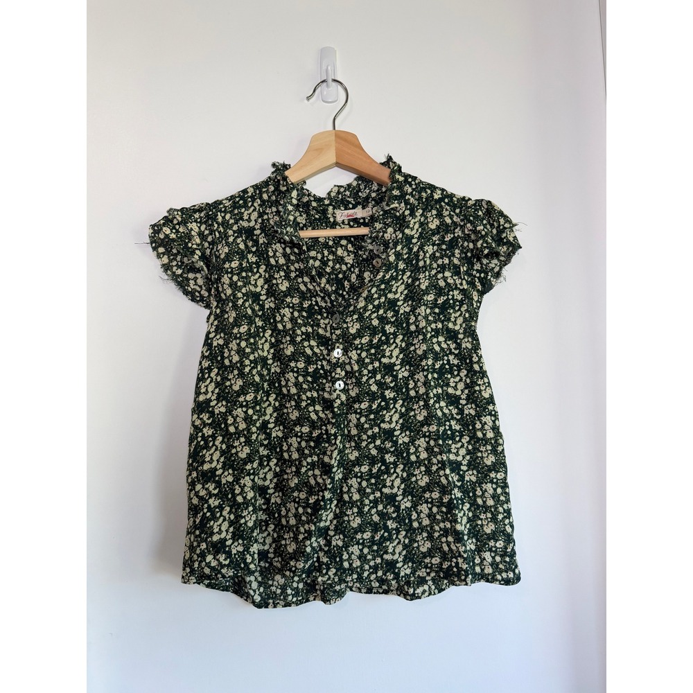 Faherty Womens Green Ditsy Floral Ruffle Collar Cap Sleeve Blouse Size S